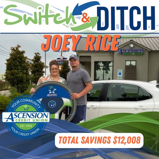Joey Rice with a vehicle purchased through Ascension Credit Union