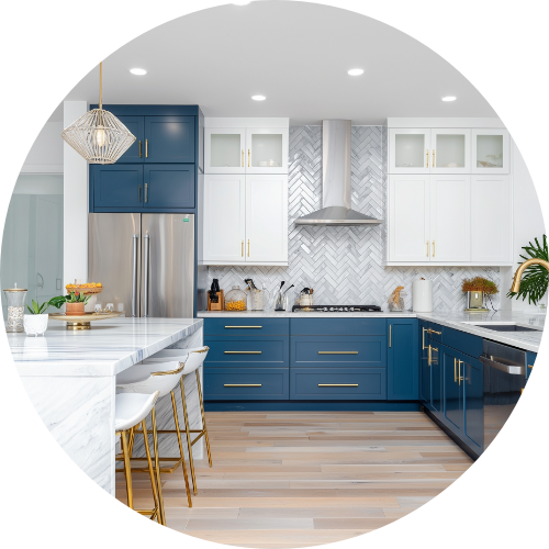 Updated kitchen with blue cabinets